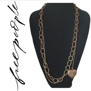 Free People! Gold Tone Dangling Double Chain Adjustable Necklace With Heart NWT!